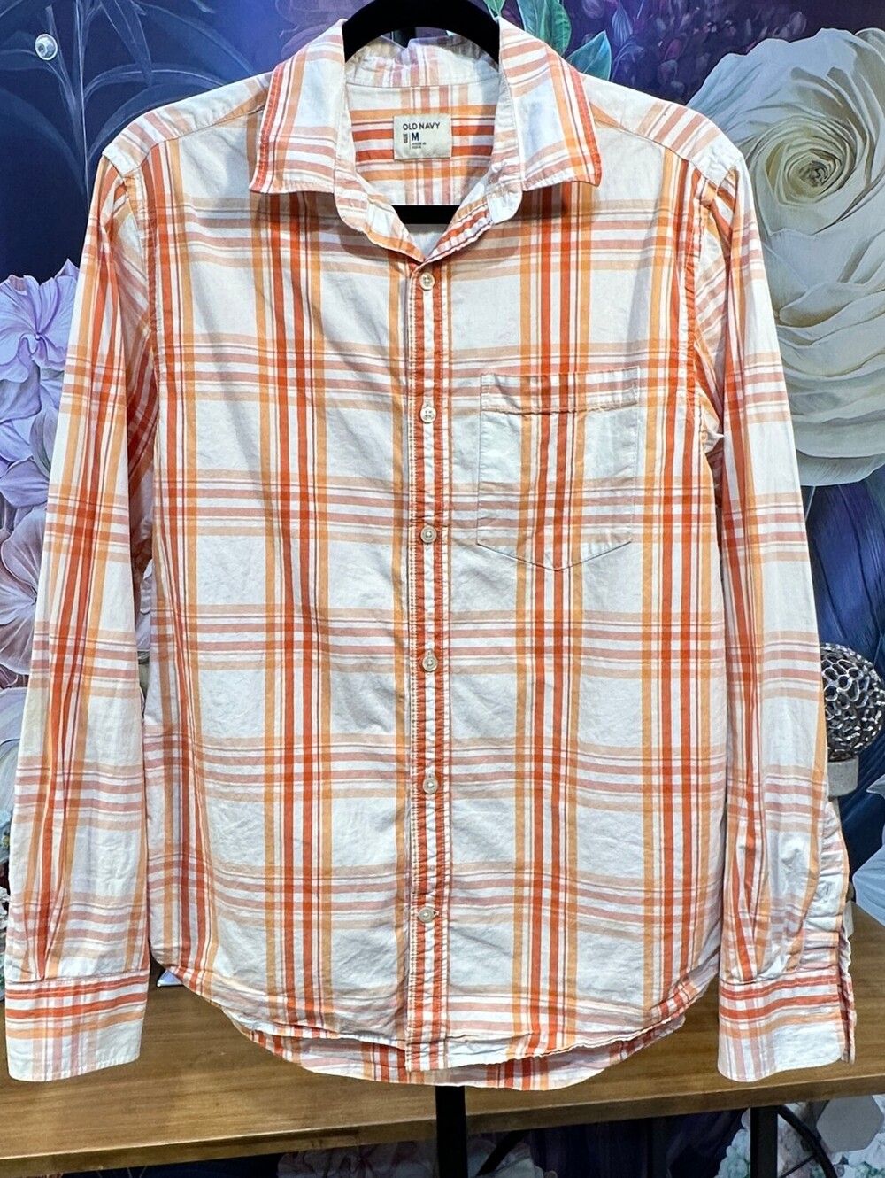 Old Navy M Orange 100% Cotton Plaid Button-Down Shirt Preppy Costal Front Pocket